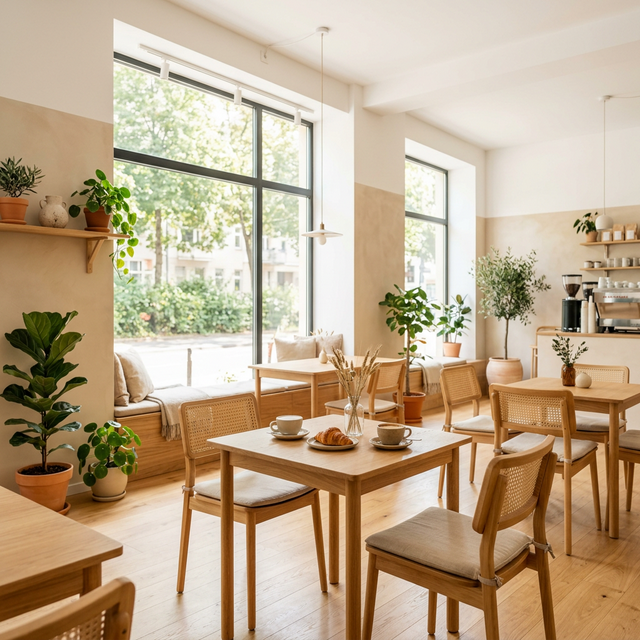 Modernes minimalistisches Interieur des PURE NOGLUTEN Cafés in Berlin-Mitte